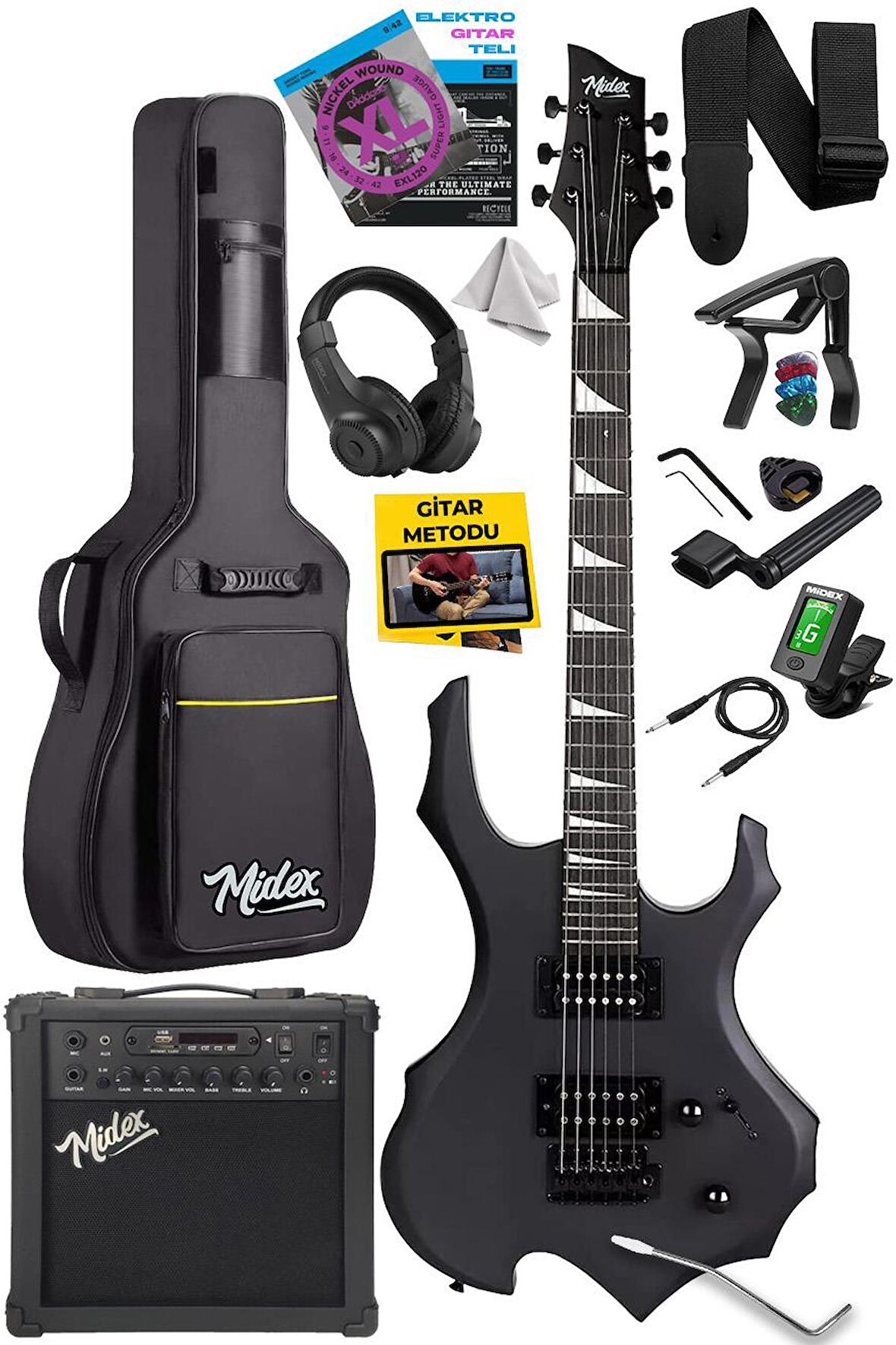 Midex Force-AMP25 Üst Seviye 25 Watt Amfili Elektro Gitar H-H Profesyonel Full Set Aksesuarlı